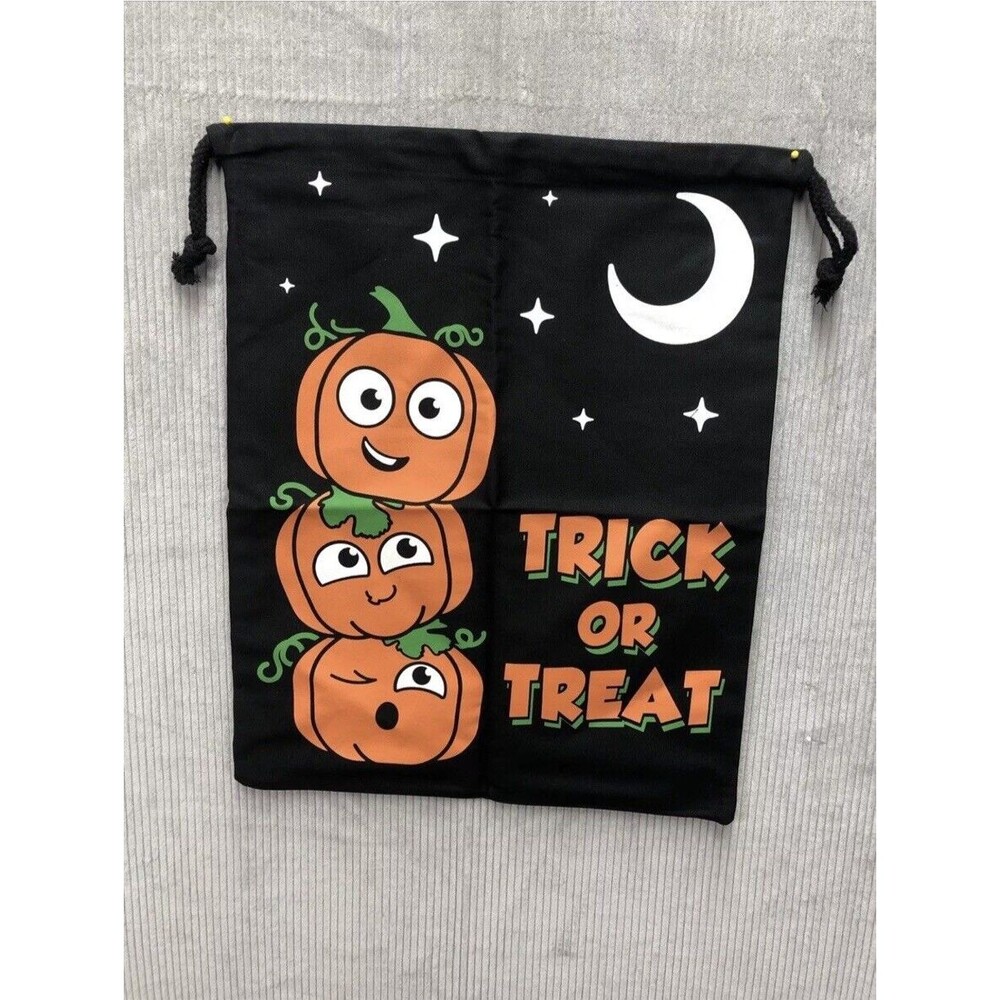 Trick or Treat Kids Drawstring Bag Black Orange Pumpkins Halloween Harvest